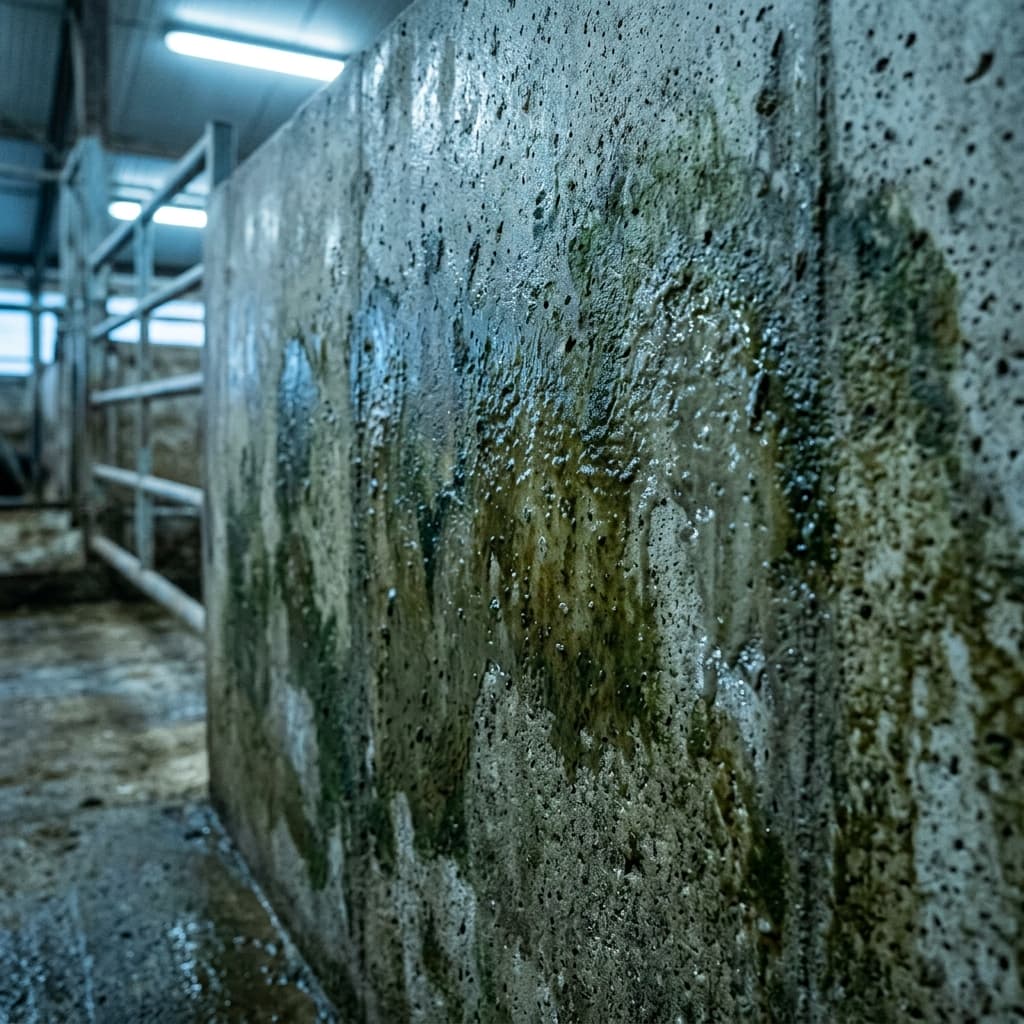 Biofilm sur surfaces en béton d'un bâtiment d'élevage
