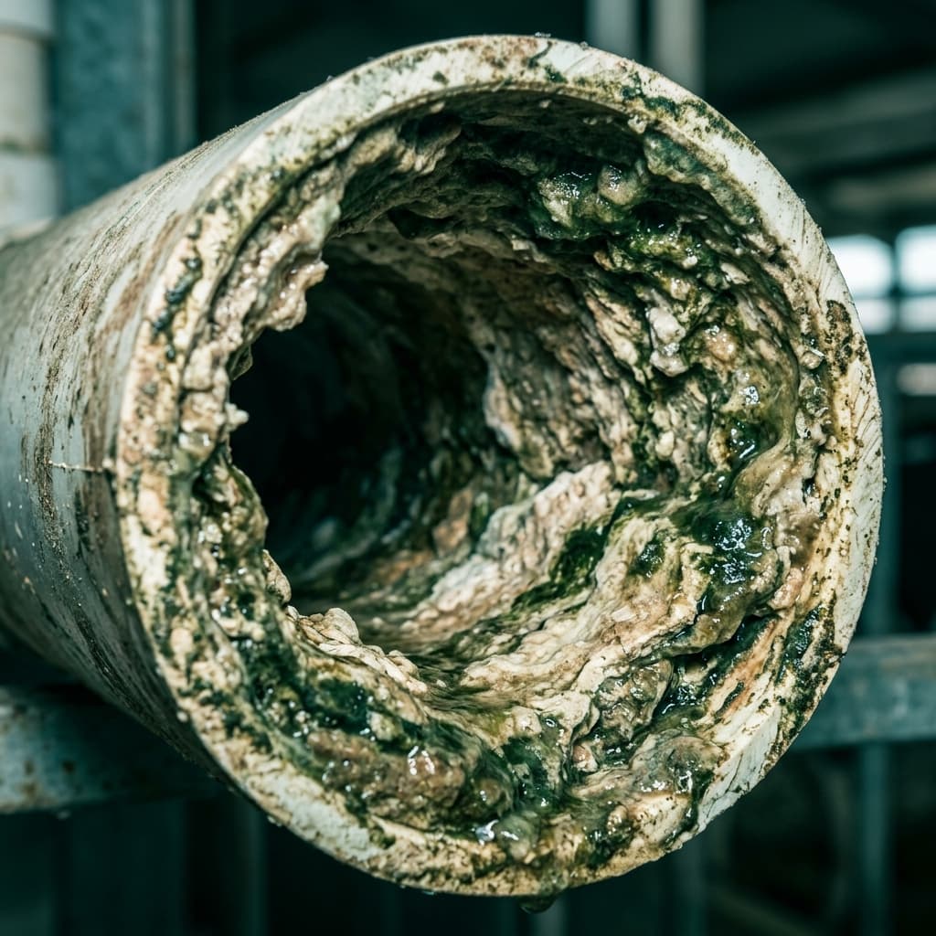 Biofilm et tartre dans une canalisation d'eau d'élevage